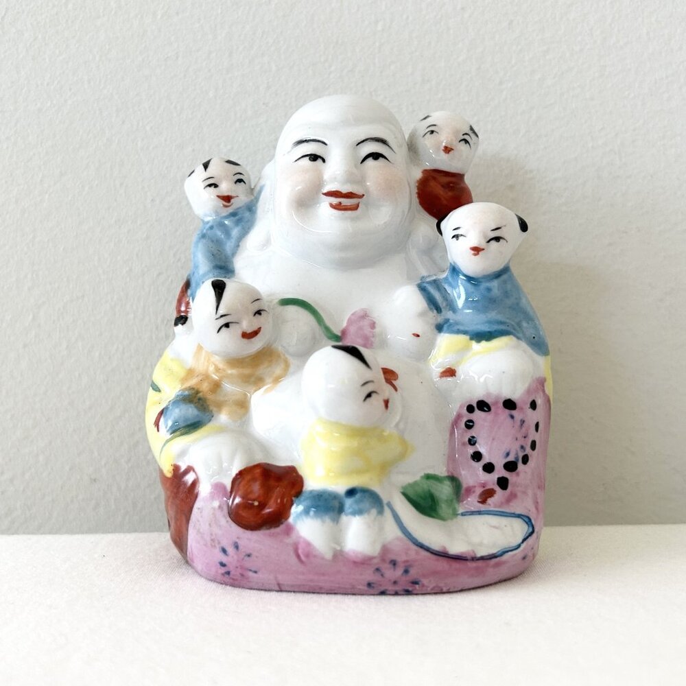 Vintage Chinese Laughing Buddha Figurine Climbing Children Fertility 4” Ceramic